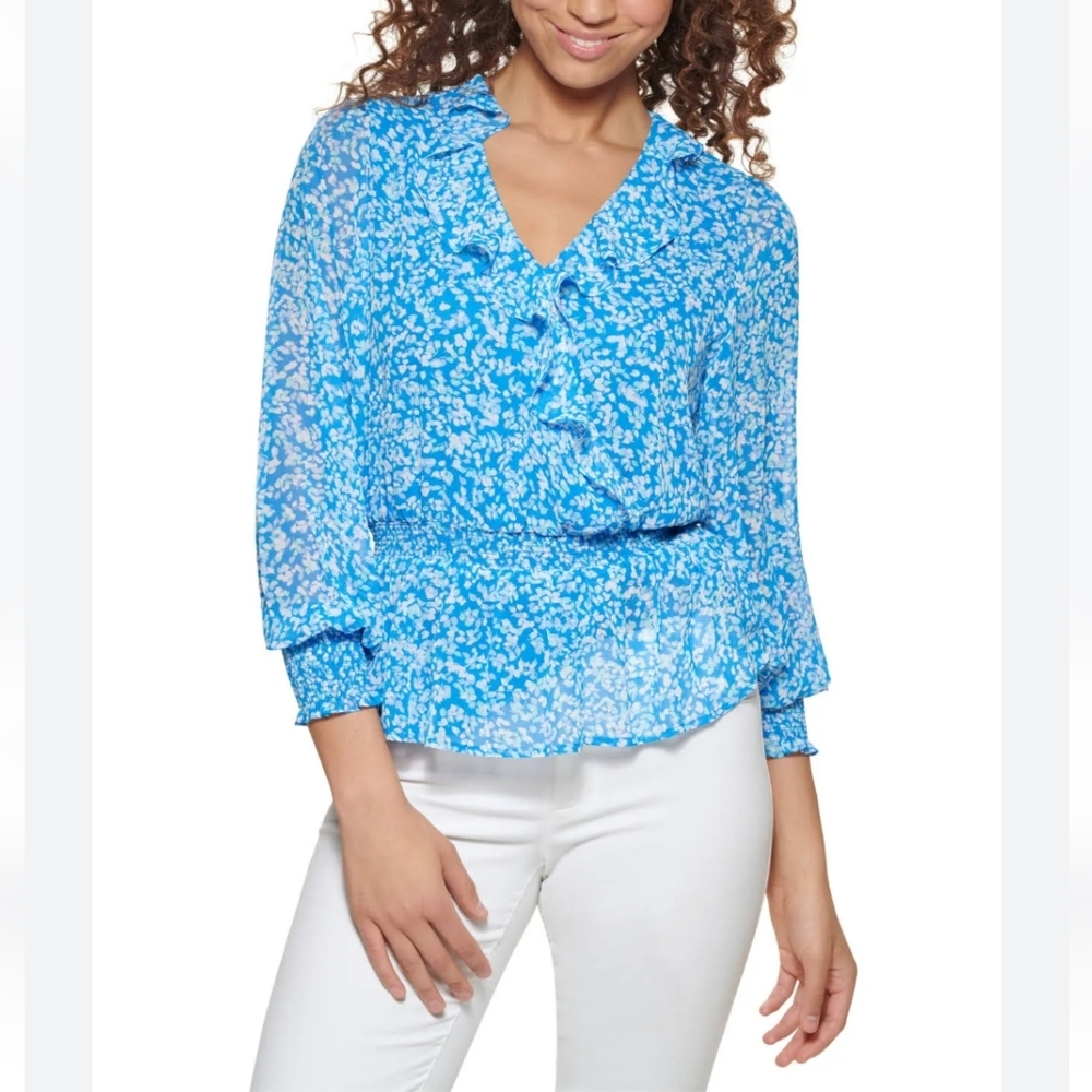 Calvin Klein Blouse Blue and White Floral ruffle neck Size L